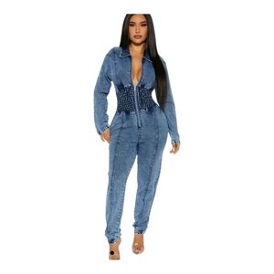 Nwot FASHION & SPIRIT Blue Denim Skinny Jumpsuit 12/14